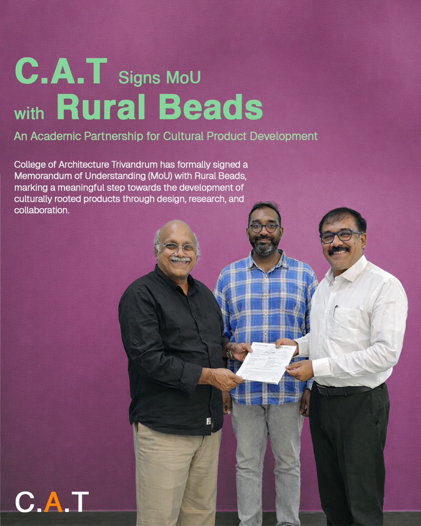 𝗖𝗼𝗹𝗹𝗲𝗴𝗲 𝗼𝗳 𝗔𝗿𝗰𝗵𝗶𝘁𝗲𝗰𝘁𝘂𝗿𝗲 𝗧𝗿𝗶𝘃𝗮𝗻𝗱𝗿𝘂𝗺 is pleased to announce the signing of a Memorandum of Understanding with 𝗥𝘂𝗿𝗮𝗹 𝗕𝗲𝗮𝗱𝘀, marking the beginning of an academic partnership focused on cultural product development.

This collaboration brings together design, research, and traditional knowledge to support culturally rooted practices and foster meaningful exchange between academia and craft-based enterprises.

[architecture education, academic collaboration, design and craft, cultural product development, community engagement]

#cattrivandrum #academiccollaboration #architectureeducation #designandcraft #communityengagement