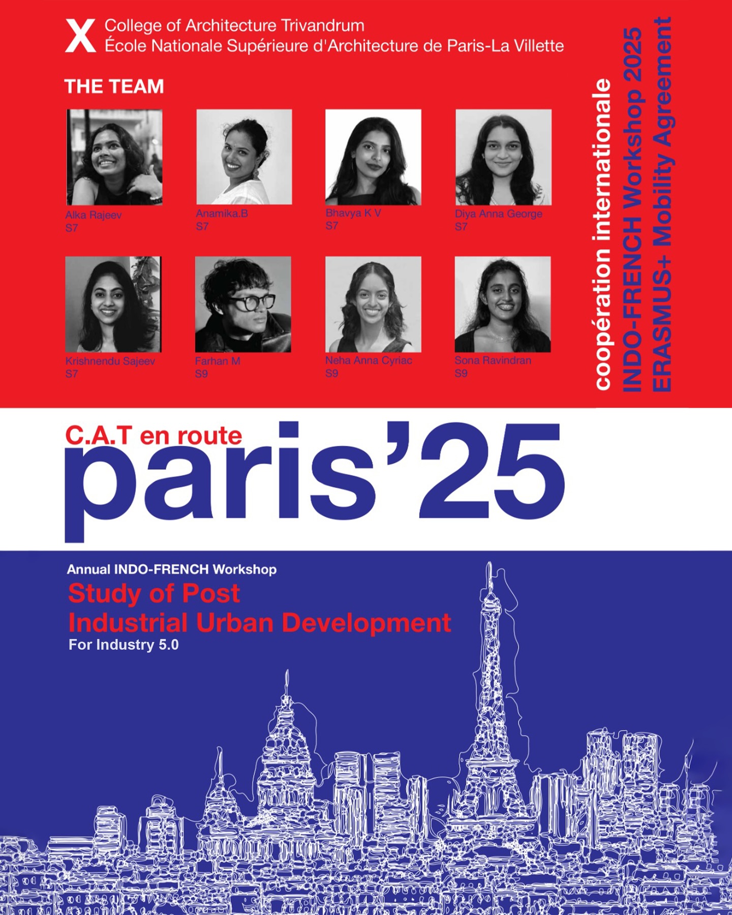 𝗖𝗼𝗹𝗹𝗲𝗴𝗲 𝗼𝗳 𝗔𝗿𝗰𝗵𝗶𝘁𝗲𝗰𝘁𝘂𝗿𝗲 𝗧𝗿𝗶𝘃𝗮𝗻𝗱𝗿𝘂𝗺 recently partnered with É𝗰𝗼𝗹𝗲 𝗡𝗮𝘁𝗶𝗼𝗻𝗮𝗹𝗲 𝗦𝘂𝗽é𝗿𝗶𝗲𝘂𝗿𝗲 𝗱’𝗔𝗿𝗰𝗵𝗶𝘁𝗲𝗰𝘁𝘂𝗿𝗲 𝗱𝗲 𝗣𝗮𝗿𝗶𝘀–𝗟𝗮 𝗩𝗶𝗹𝗹𝗲𝘁𝘁𝗲. for the Indo–French International Workshop 2025. Exploring the theme of “Post-Industrial Urban Development for Industry 5.0,” the workshop served as a platform for global design discourse, cross-cultural learning, and advanced urban inquiry.

[international academic collaboration, urban design studies, post industrial development, architecture education, student exchange program]
#cattrivandrum #internationalworkshop #architectureeducation #urbandesign #studentexchange