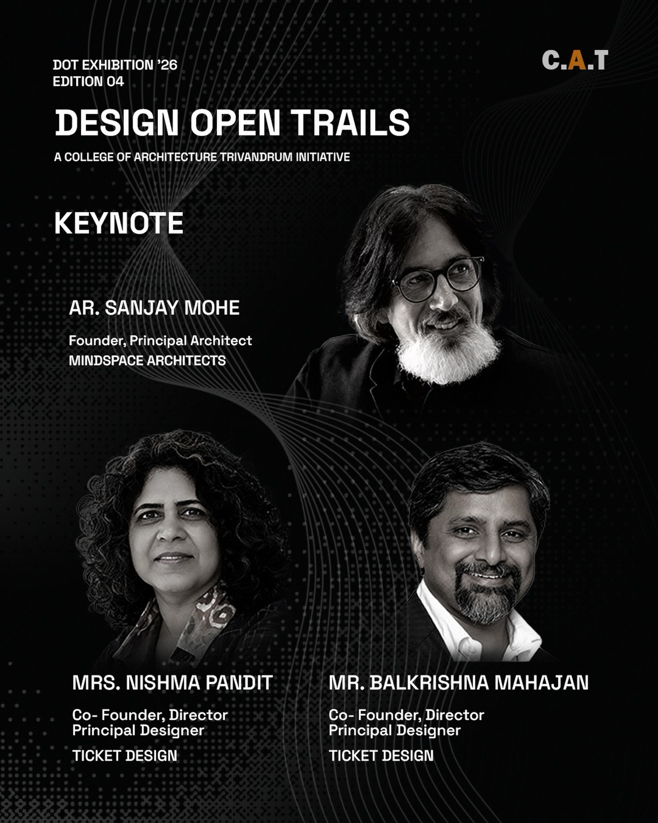 Design Open Trails (DOT) 2026 is proud to present an inspiring evening featuring Ar. Sanjay Mohe, Mrs. Nishma Pandit, and Mr. Balkrishna Mahajan—three distinguished voices whose work has significantly influenced the fields of architecture and design.
Ar. Sanjay Mohe, Founder and Principal Architect of Mindspace Architects, is celebrated for his thoughtful, context-responsive approach to architecture. Joining him are Mrs. Nishma Pandit and Mr. Balkrishna Mahajan, Co-Founders, Directors, and Principal Designers at Ticket Design, renowned for creating impactful, user-centric design solutions across diverse industries.
Together, they will share their experiences, design philosophies, and professional journeys, offering valuable insights into the evolving worlds of architecture, innovation, and design.
Join us for an evening of inspiring conversations, ideas, and perspectives from three of India’s leading design professionals.
đź—“ 23 July 2026
đź•• 6:00 PM
📍 Salvation Army Hall, Kowdiar, Thiruvananthapuram
#DOT2026 #DesignOpenTrails #SanjayMohe #NishmaPandit #BalkrishnaMahajan MindspaceArchitects TicketDesign Architecture IndustrialDesign DesignTalk DesignDialogue DesignThinking CATTrivandrum