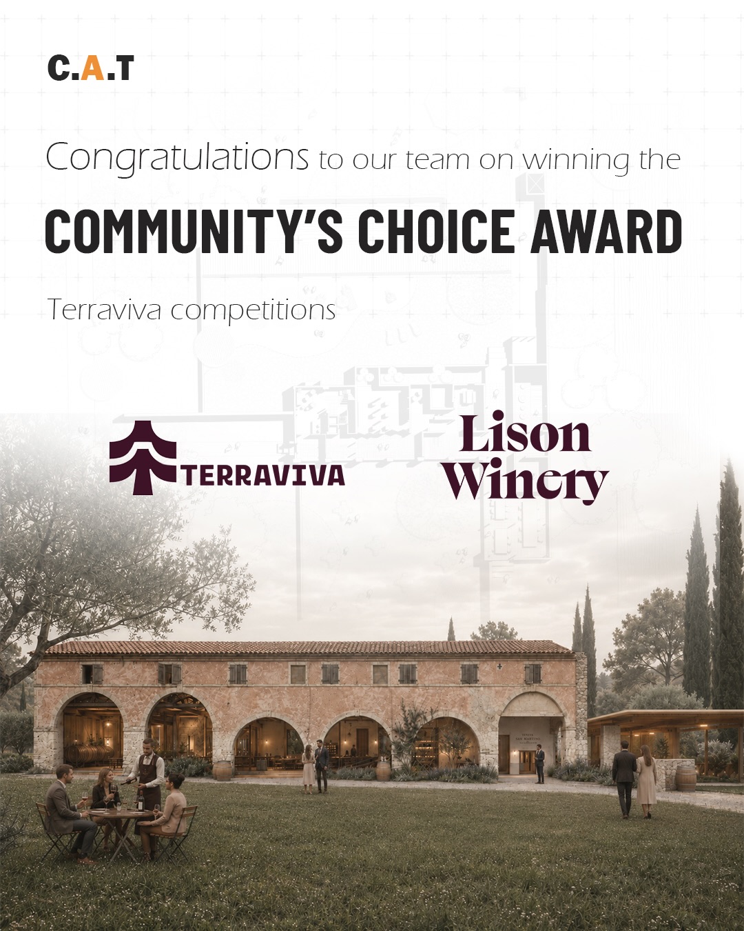 We are thrilled to announce that our faculty and students have won the Community’s Choice Award at the international Ca’ Rossa Winery Competition! The project was also listed among the top projects in the competition.

The winning proposal reimagines the historic Ca’ Rossa as an inhabited ruin, thoughtfully bringing together heritage, wine, culture, and hospitality while preserving the architectural legacy of the site.

This recognition is a celebration of collective creativity, collaboration, and dedication. 

Congratulations to the entire team

#terravivacompetition #CaRossaWinery #ArchitectureCompetition #InternationalCompetition #Architecture  ArchitecturalDesign StudentDesign  HeritageArchitecture AdaptiveReuse InhabitedRuin  ArchitectureStudents