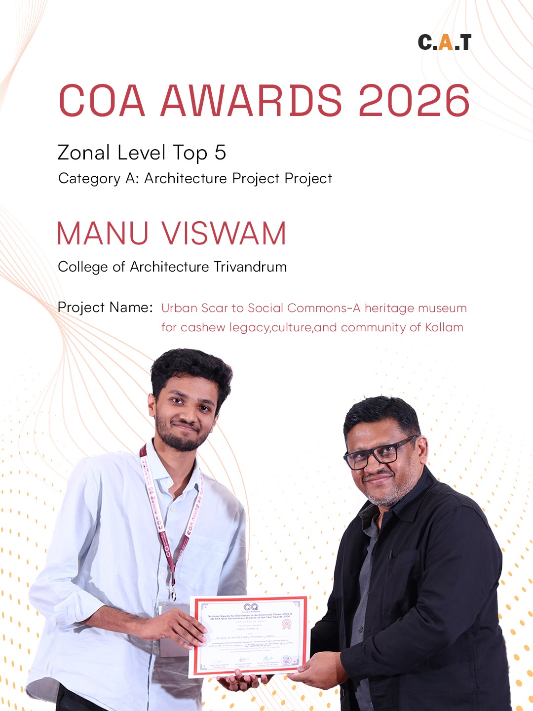 Heartiest congratulations to Manu Viswam, recently graduated from CAT, whose architectural thesis “Urban Scar to Social Commons – A Heritage Museum for Cashew Legacy, Culture, and Community of Kollam” has been selected among the Top 5 in the Architecture Project Category at this year’s COA Awards
The project reimagines Kollam’s abandoned cashew-industrial waterfront as a vibrant public realm, transforming an urban scar into a social commons. By reconnecting the city with its industrial heritage, working-class legacy, ecology, and waterfront, the project envisions a new cultural landmark rooted in Kollam’s past while looking towards its future.
A special congratulations to Manu Viswam @manchacks and his mentor, Sreeram Ramesh @sreeram_ramesh , for this remarkable achievement and recognition.
We also extend our congratulations to Fathima Bajoo, whose project was selected for presentation at the awards. Unfortunately, she was unable to present as she arrived late at the college. Nevertheless, being selected itself is a remarkable achievement, and we are incredibly proud of her accomplishment.
#COAAwards #COA #ArchitectureAwards #CATTrivandrum #CollegeOfArchitectureTrivandrum Architecture ArchitecturalThesis UrbanScarToSocialCommons Kollam DesignExcellence StudentArchitecture ArchitectureStudents